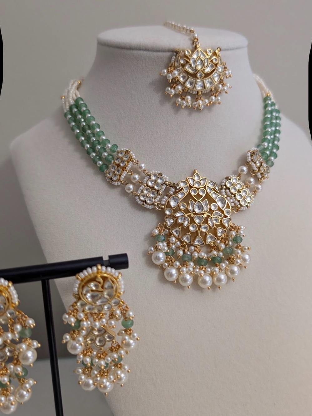 Gold-Tone Green Beaded Pearl Kundan Necklace Set with ear chains
